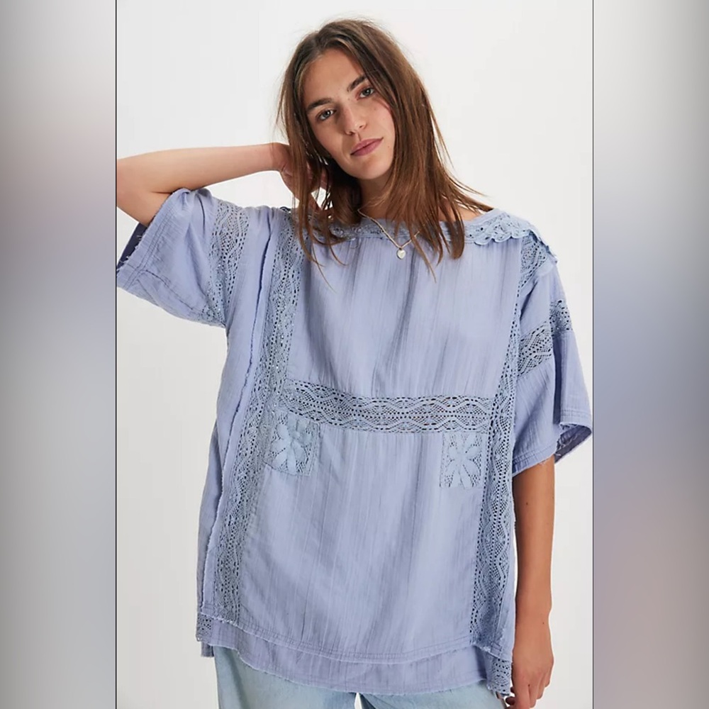 We The Free Soft Blue Lace Top